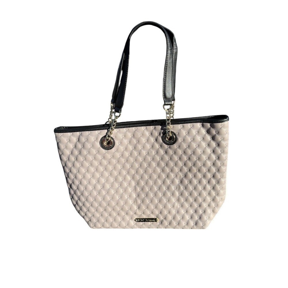 Betsey Johnson Quilted Tote Bag Large Light Grey Blush Black